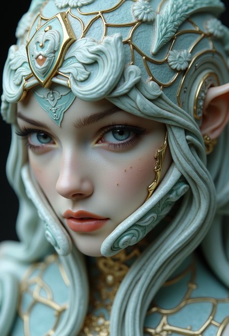A masterpiece of elf idol girl style created by the collaboration of Hajime Sorayama and Francisco de Goya.        The main objects are sliced at intervals along a diagonal, with each interval featuring a different material: the first material is jade, and the second is ceramic; the remaining materials are those that the main object would originally have.    HD32K, hyperdetailed, best quality, aidmaMJ6.1.