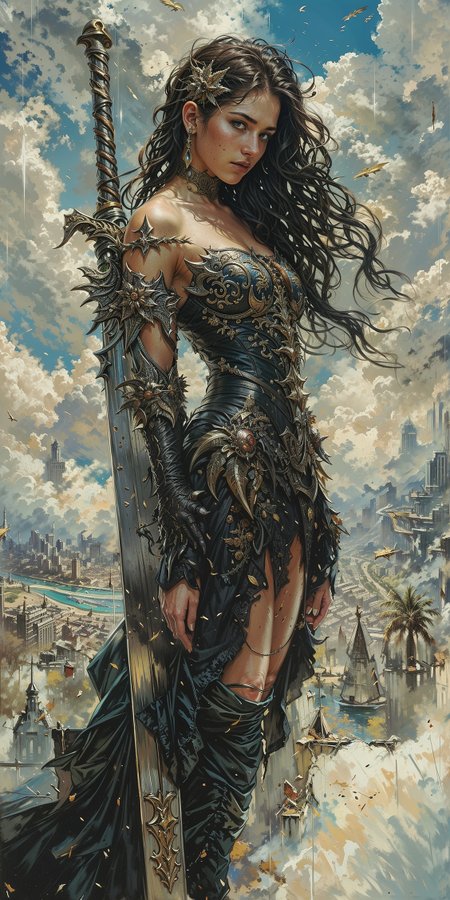 Highly detailed fantasy artwork featuring a warrior woman standing against a backdrop of a sprawling, fantastical cityscape. The style is a blend of realism and fantasy, with intricate details and vibrant colors. The woman has long, flowing dark hair, fair skin, and a determined expression. She is adorned in elaborate, dark armor with gold accents, and holds a large, ornate sword. The background features towering structures, lush greenery, and a sky filled with dramatic clouds, adding to the epic and otherworldly atmosphere of the scene.