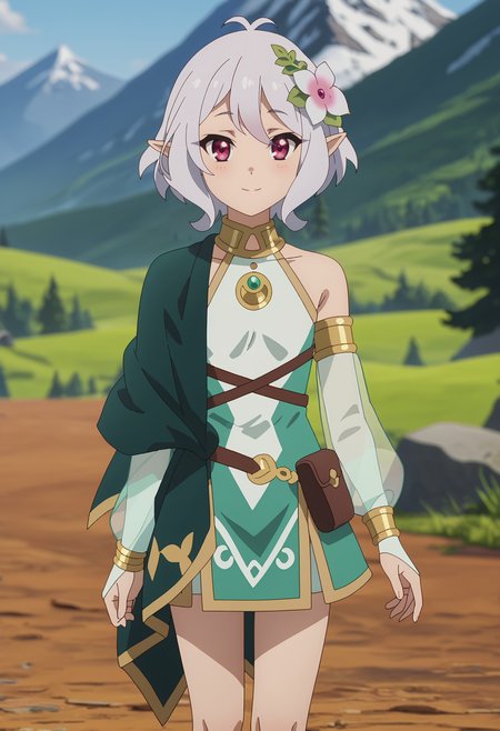 score_7_up, anime screencap,
<lora:PrincessConnect_KokkoroXL:0.9>,
1girl, solo, closed mouth, light smile,
short hair, white hair, antenna hair, magenta eyes, pointy ears, hair flower,
KokkoroPC, sleeveless dress, armlet, gold trim, asymmetrical clothes, green cape, strap, bridal gauntlets, see-through sleeves, pouch,
standing, looking at viewer,
blurry background, mountains, scenery