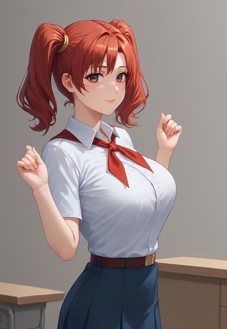 safe_pos, score_9, score_8_up, score_7_up,<laura:expressive_n: 1>, expressive_n, detailed eyes, beautiful, detailed background, perfect eyes,, expressive, 1 girl, visual novel character, sexy 20 year old girl, solo, <lоra: ikarus-chan_close:0.70>, hort hair, red hair, two ponytails, shoulder-length ponytails, brown eyes, big chest,1 girl, solo, brown eyes, big breasts,  beautiful eyes, masterpiece, perfect face, face close-up, standing, back view, top view, hands behind your head, hands up, butt focus, game room, chest side view, white collared shirt, simple, short sleeves, red neckerchief, blue skirt, belt, white socks,