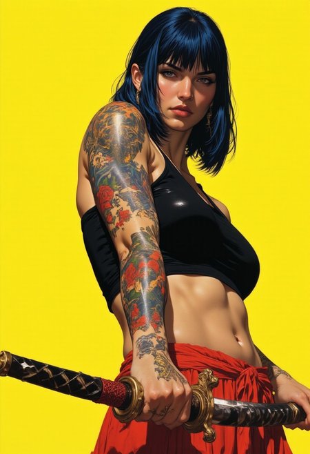 A hyper-realistic digital illustration by Phandigramsin in 80s cinematic style, HD, 8K quality, ultra-detailed, and a true masterpiece of artwork. The scene centers on a young woman with striking black hair, styled in soft, flowing bangs that frame her face, accented by shimmering blue streaks that catch the light. Her large almond-shaped eyes, rendered with bold lines and vivid shading, radiate intensity and focus, with a subtle frown that conveys an aura of determination. Her pale skin is a striking canvas for vivid tattoos that cover her arms, torso, and neck, each design meticulously detailed with bold hues of red, blue, green, and yellow, depicting flowers, skulls, and abstract patterns in a style reminiscent of 80s anime aesthetics. She wears a sleek, black cropped top that reveals her midriff, tied at the waist with a vivid red ribbon, paired with a red pleated skirt peeking into the frame. In both hands, she wields a gleaming katana, its blade angled toward the viewer, exuding power and readiness. The katana's traditional Japanese design, with a black handle wrapped in red cord, ties her dynamic presence to a rich cultural heritage. Set against a vibrant lime-yellow background, the bold contrast amplifies the dynamic interplay of her tattoos, attire, and weapon, channeling the energy and vivid storytelling of classic 80s anime.