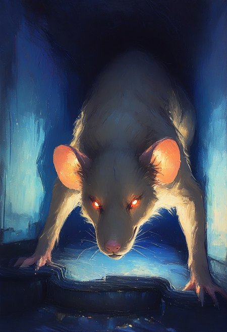 ArsMJStyle, Impressionism, Jedst1, oil painting, brushstrokes, masterpiece, high_quality, best_quality, closeup, rat,  brown fur, glowing eyes, crawling in sewer, evil smile, dark, shadow, sketch background, gradient background, dynamic angle, upd25