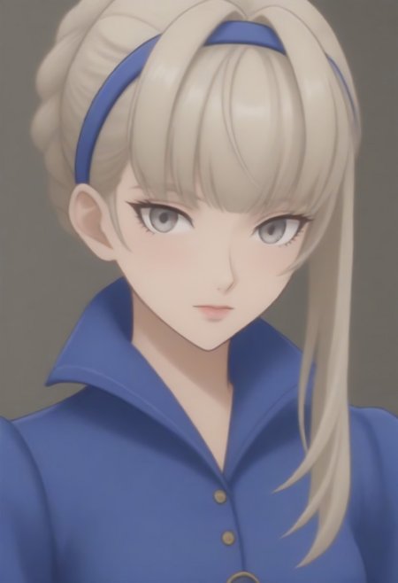 source_anime, anime screencap, source_anime, auratheguillotine, anime screencap, masterpiece, source_anime, shiny skin,,,,,,,,masterpiece,meropep5x, blonde hair, hairband, braid, bangs, grey eyes, blue shirt, belt, black gloves, long blue skirt, black pantyhose,