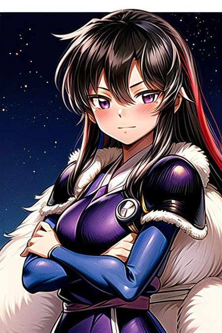 best quality 1girl Setsun4 solo long hair,  (night time) forest background black hair very long hair purple eyes multicolored hair armor, small, (fur trim) (medium body),<lora:EMS-179-EMS:0.800000>,<lora:EMS-293862-EMS:0.800000> bow, hair_bow, hair_tubes, red_bow, brown_hair, long_hair, bangs, ascot, frilled_bow, yellow_ascot, blush, smile, hair_between_eyes, athletic, armor, miko, strengthmda, crossed arms,