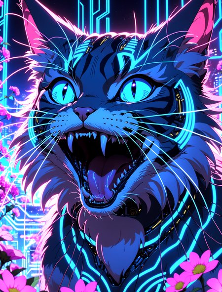(anime screencap:1.3) of a Ethereal cat wide open its mouth revealing sharp fangs in a colorful floral field, with cybernetic patterns faintly overlaying the background.
extremely intricate soft glows on the intricate circuit lines, creating a sense of energy. intricate neon light reflections subtly integrated on the cat's fur.
Close-up of the digital elements, showing detail.




