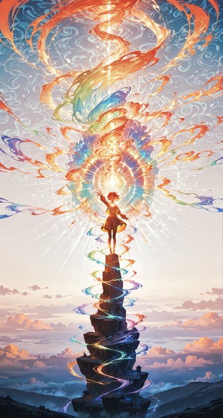 <lora:0_Lightning V8:0.4> , <lora:detailer_v5:0.4>, <lora:Aura_r1:0.4>, <lora:glowing_and_light_particles_sd3.5:0.4>,  masterpiece,best quality,amazing quality, very aesthetic,absurdres,newest, ((cinematic)),  (In a world devoid of color, a lone mage stands at the edge of a cliff, arms outstretched. From their fingertips, a swirling vortex of vibrant hues erupts, bursting forth in a dazzling display of color and light that momentarily bathes the surroundings in a cascade of chromatic brilliance before fading back to monochrome.)