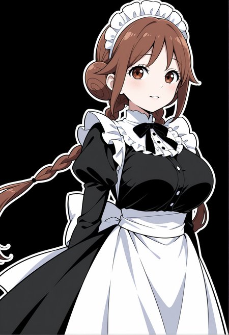 masterpiece,best quality,amazing quality, (aged up:1.2), anime coloring, flat colors,
<lora:NoobV065sHyperDmd:.5>,
 <lora:tachibana_yuzuki_meipaws:.9> 1girl, black background, frilled apron, frills, white outline, maid headdress, black dress, simple background, long sleeves, black ribbon, white apron, waist apron, juliet sleeves, puffy sleeves, neck ribbon, back bow, large breasts, arms behind back, light smile, twin braids, looking at viewer, cowboy shot, alternate costume, hair bun, dot nose, tareme, parted lips, white bow, high collar, double bun, long dress, frilled collar, standing, light blush, arms at sides, frilled hairband, brown hair, brown eyes, looking to the side, enmaided, frilled shirt collar, waist bow, floating hair, maid apron, sidelocks, buttons, low twin braids