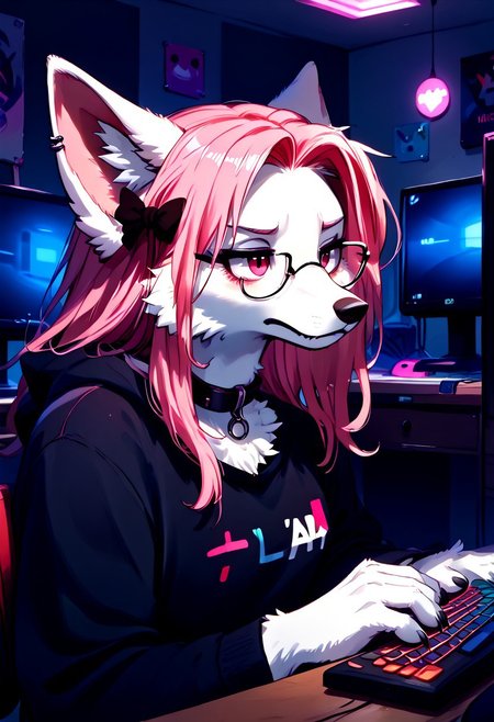 score_9, score_8_up, score_7_up, easynegative, realistic style, detailed face, solo, anthro, furry, Expressiveh, masterpiece, raw quality, best quality, extremely detailed, stunning beautiful, high definition, HD, cute, girl, BREAK Keiko, 1girl, solo, furry female, animal ears, tail, collar, multicolored hair, spikes, long hair, ear piercing, wolf ears, hair bow, glasses, body fur, white fur, pink fur, two tone fur, pink hair, pink eyes, wolf tail,
jaded, jaded expression, tired, half closed eyes, closed mouth, small black cloud sketched above her head, bags under eyes,
inside, indoors, bedroom, Desk, Chair, Keyboard, Mouse (PC), RGB, Gamer, Neon. Laptop, HDA_pet_play,
night time, in the dark, fca_style,