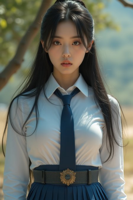 [15]Realistic photograph, close-up, upper body, face focus, long hair, dynamic angle, dynamic pose, A stunning real large breasts woman with long, flowing dark hair, her piercing gaze directly addressing the viewer. High Fashion, A highly detailed, realistic digital photo of a 28 years old woman with a pale complexion, emphasizing her enigmatic and mystical aura, high resolution, rich textures, and contemplative mood. Her eyes are a deep piercing, dynamic, dramatic, haute couture, elegant, ornate clothing, dark straight hair with a few loose strands framing her face, against a light gradient background, necktie, skirt, ponytail, school uniform, shirt, looking at viewer, outdoors, white shirt, blue skirt, tree, cosplay, belt, The scene should take place during a sunny day with a warm and clear atmosphere. Incorporate sun flares or lens flares to add depth and interest to the image.