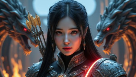 Off-centre composition,of A extremly fully detailed of a asian woman  in pigtails,wearing a futuristic armour with red light glowing in the armour,she has a mega bow and arrows of gold,background is a enormous dragon,bright colours,light and shadows,highly detailed,high budget, bokeh, cinemascope, moody, epic, gorgeous, Hyperrealistic 24k uhd
