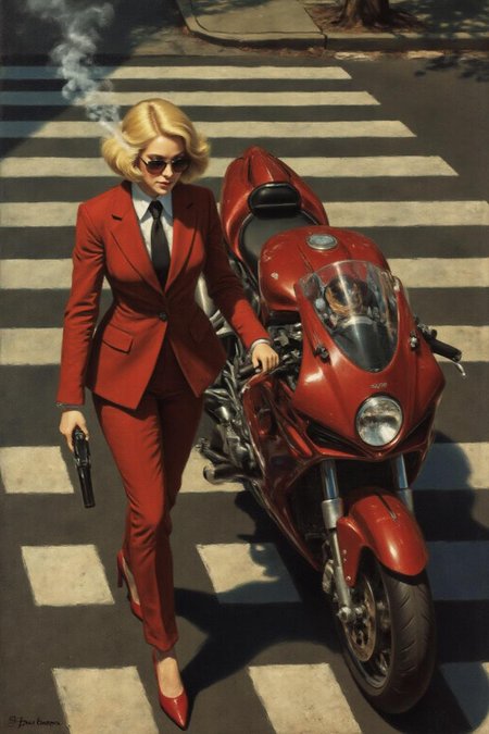 jore1 painting. 
Overhead shot of an Blonde woman walking away from a futuristic motorcycle parked at a zebra crossing. The woman has bob hair, is smoking. She wear a red business suit, white shirt, black tie, and sunglasses. She holds a gun with a confident grip. The motorcycle itself is red, sleek and metallic, with intricate designs and a futuristic vibe  <lora:jore1_cap_d6a3e12:1.0><lora:818383379763542429:0>