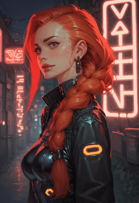 1girl, solo, neon lights, cyberpunk, braid, earrings, long hair, jewelry, looking at viewer, blurry, breasts, blurry background, bodysuit, medium breasts, , from side, upper body, single braid, brown eyes, , night, nose, english text, science fiction, outdoors, orange hair, braided ponytail, red hair, zPDXL3, detailxl,  Score_PnyReal, (lineless:1.5)
