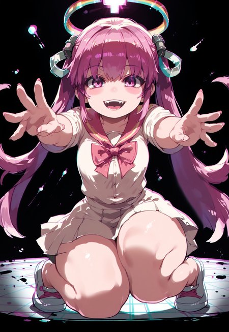 glitch, Five fingers, score_9, score_8_up, score_7_up, score_6_up, rave, dance floor, disco, POV, lens focus, 2d, 1girl, arms reaching out, knees, glitch, solo, smile, giffany, pink eyes, pink hair, gravity falls, hairpieces, schoolgirl uniform, rainbow hairpieces, long hair, spitting to viewer,incoming kiss, thin thighs, hair between eyes, dark halo, open mouth, fangs, evil smile, slim, skinny, pixel, commodore, glitch, Speed line,dynamic, thin fingers, glitch