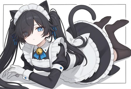 (Maid-kasli), solo, white gloves, dress, hair over one eye, maid apron, blue eyes, twintails, cat ears, maid headdress, maid, gloves, 1girl, apron, juliet sleeves, long sleeves, long hair, black hair, animal ears, bell,(Fall down),