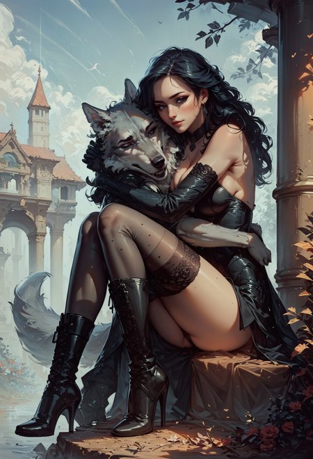 score_9, score_8_up, score_7_up,  rating_questionable, solo, sitting, 35mm Vintage photo of Yennefer of Vengerberg, vintage, magician outfit, black laced gloves, stockings, black leather boots, high heels, outdoors, (hugging grey wolf:1.1)  <lora:pony/twilight_style:0.8> <lora:pony/expressiveh:0.8> expressiveh <lora:sdxl/Vintage_Street_Photo>