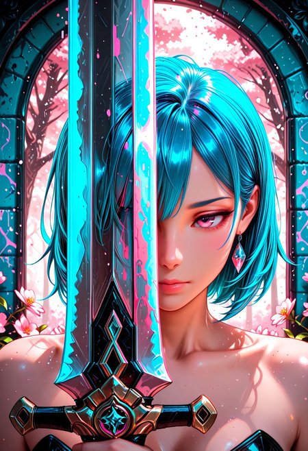 Smooth Quality, woman, pretty, beautiful, slim, curvy, pink accent, portrait, Splash Art, Glitch Art, neon blue hair, (holding a giant wide sword up to face, covering half of face with sword), giant wide sword, reflective sword, sword reflects a serene cherry blossom forest, pink graffiti wall background, very close up, <lora:Smooth_Booster:0.5> <lora:Smooth_Lighting_Enhancer:0.25> <lora:SmoothStyle_Delta:0.7>