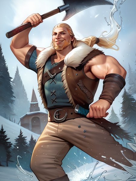 score_9, score_8_up, score_7_up, warrior, handsome, muscular male, winter clothes, big beard, cool, from below, holding axe, epic pose, muscular, evil smile, splash art, blonde hair, viking, pants, 
 <lora:CrystalFae_Style:0.95>, CrystalXLP,