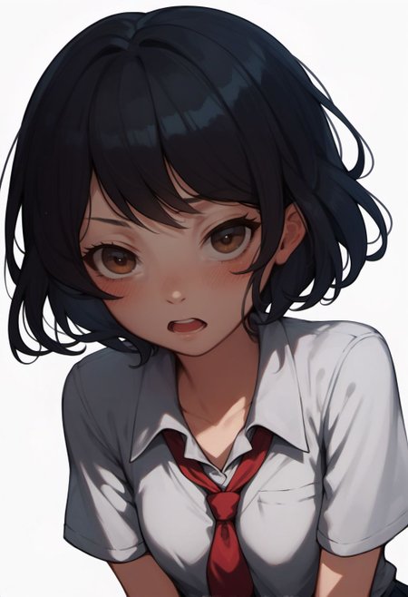 score_9, score_8_up, score_7_up, score_6_up,( sketch:0.6), flat color,
ha1ru, 1girl, solo, looking at viewer, blush, short hair, open mouth, bangs, simple background, shirt, black hair, white background, brown eyes, school uniform, 
<lora:fix_hands:1.5>
<lora:hairu_style_v11-000007:0.8>,
