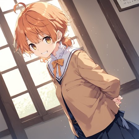 cowboy shot,masterpiece,comic,2020\(style\),best quality,detailed,score_9, score_8_up, score_7_up, source_anime, rating,game cg,2020s\(style\),rating,rating_sensitive, sexually suggestive,1girl,solo, <lora:Koito_Yuu:1> koito yuu,orange hair,yellow eyes,small breasts, ahoge,short hair,smile,adorable,arms behind back