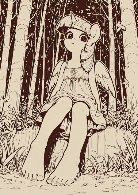 (photorealistic:1.3), solo, twilight_sparkle_\(my_little_pony\), leg up,(dynamic comparison:1.3), masterpiece, best quality, very aesthetic, [sketch:no_lineart], looking_at_viewer, humanization, sitting, casual dress, fur, wings, outline, , [minimalism:0.9], from_below, foot bottom view, sole, toys, BREAK, (forest:1.3), grass, warm, summer,