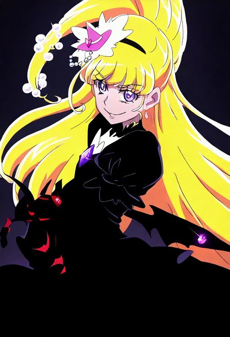 cure miracle, cure miracle \(diamond style\), crmrcldiamond, blonde hair, high ponytail, half updo, very long hair, shiny hair, hair beads around ponytail, eyebrows visible through hair, purple eyes, eyelashes, mini witch hat, 
black dress, black costume, small devil wing,
simplebackground, dark indoor, evil smile ,spot light