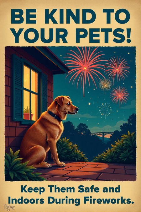 A vintage-style poster featuring a sad-looking dog cowering inside a house with closed windows, while colorful fireworks explode safely in the distance outside. The text in a gentle, blue font reads: "BE KIND TO YOUR PETS! Keep Them Safe and Indoors During Fireworks." Emphasize the importance of animal safety during celebrations.  <lora:REMEs_War_Poster_Style:0.95> In REME's War Poster Style,âââ