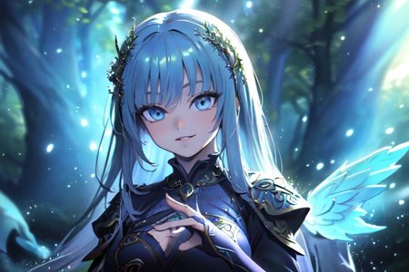 (masterpiece:1.4), 4K8K, (anime style), (high shutterspeed:1.4), (sharp edges), 
SyFyEye1, FanFo, 
femal angel  hands togather,  leaning foward, face focus, smile, closed mouth, 
wearing Celtic style dress, (Detailed face, Detailed eyes, Detailed lips), (solo), 
Fantastic Forest at fantasy night, Fantastic,