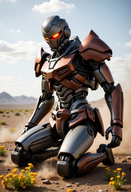 The gundam is rusted and broken, exposed wires and mechanic parts are sparking and on fire, one of the Gundams eyes glows red and the rest of its face is damaged. The gundam is missing an arm and kneels on a deserted battlefield. dust, debris and smoke surround the gundam. yellow flowers grow in the dirt