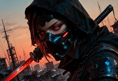 masterwork, masterpiece, best quality, detailed, depth of field, , high detail, best quality, very aesthetic, 8k, photorealistic, realistic skin, deep colour, high contrast, hyperdetailed, matte digital painting, trending on artstation, sharp edges, precise, clear focus, detailed face, closeup, face focus, sideview, wide shot, looking at viewer, 
 futuristic, gritty. 
line art, ink art of a woman, solo, soldier, enigmatic, (glowing red eyes), matte black modular suit of armor, molded armour, whole body protection, heavy boots, holding a katana, blue glowing blade, ready to fight, fighting stance. Deep hood, black face mask, pale skin, 
background war-torn urban landscapes, dramatic lighting, dynamic angle, whole body, face focus, high contrast, deep shadows, distant fires, smoky sky, matte painting, 
 STP-Illu