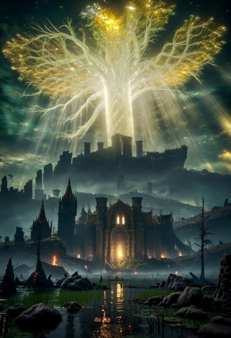 score_9, score_8_up, score_7_up, score_6_up, score_5_up, score_4_up,
1enormous tree up on a mountain in the background, the tree reaches the sky, the leaves of the tree are golden and light up the clouds with a reddish-golden hue, canopy on fire, around the base of the tree there is a fantasy city,  god rays filters through the canopy,
at night, a vast mossy swamp in the foreground, in the foreground there is a solitary golden flame coming out of the ground surrounded by golden sparkles,
dark, low-key,  w3ers, scenery, gloomy,