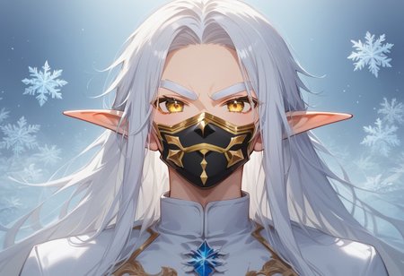 (masterpiece), (best quality), source_anime+, perfect anatomy, HD, 10k Res, digital_media_(artwork) hi_res, intricate, high quality, amazing quality, Expressive Face, (1boy, Gold Eyes, (Gold Face Mask), Not Handsome, Average, ((White Hair, White Eyebrows) Long Hair, Thick Hair, Twenty Years Old, Frost_Elf)), Drestoria-Style_V1, semi-realism, nose