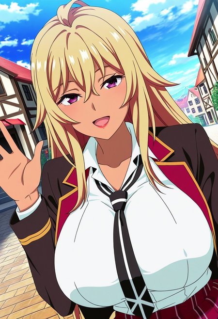 general,highres, ultra-detailed,very aesthetic,best quality ,best hands,best eyes,easynegative,
dynamic anglre, dutch angle, anime cloring,anime screencap,
1girl solo,looking at viewer,town,smile,open mouth, waving hand, 
Mirei Shikishima,blonde hair,ahoge,long hair,purple eyes,lipstick,huge breasts,dark skinned female,open chest school uniform,