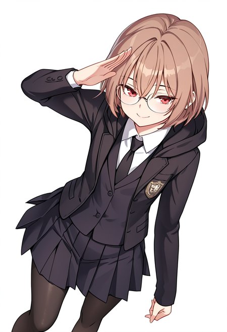 Smooth Quality,masterpiece,very intricate, high quality details, ultra realistic, high detailed skin,detailed enviorement,absurdres,
simple background, white background, dancing,skindentation, solo,dutch angle,straight-arm salute,
 <lora:Young-Joo_CNR:0.8> young_joo_cnr, 1girl, brown hair, short hair, red eyes, glasses, young_juniform_cnr, school uniform, black jacket, white shirt, collared shirt, black necktie,hoodie, pleated skirt,black pantyhose, black footwear,, seductive smile,, uwu,