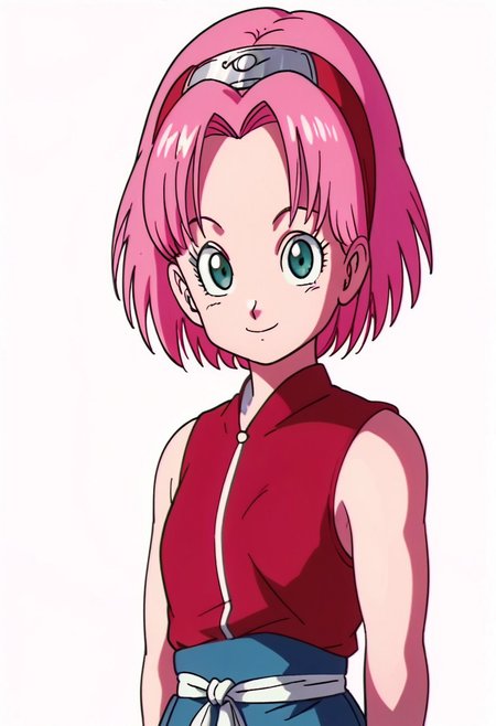 score_9, score_8_up, score_7_up, score_6_up, score_5_up, score_4_up, BREAK, source_anime,
1girl, haruno sakura, pink hair, short hair, green eyes, sleeveless, red shirt, forehead protector,
hands behind back, smile, upper body, looking at viewer, solo, simple background, white background, anime screencap, anime coloring   <lora:SakuraShippudenXL:1> 90s dbz style, style dragon ball z girls 90s, retro style.
