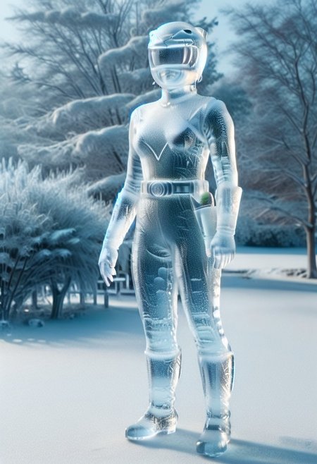 ice statue of female yellow-power-ranger, alone, morphed, helmet, ice catsuit, ice gloves belt boots holster, entirely made of ice, standing square-on, in rural park, arms down by sides, full body photo, hyperdetailed photography