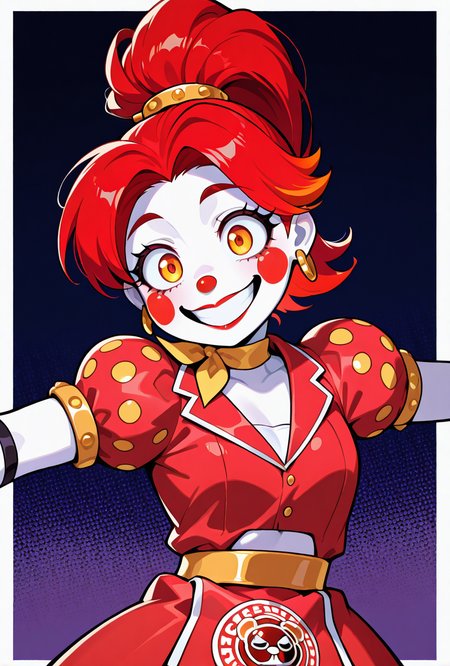 <lora:ilglambab-10:1> glambab, white skin, 1girl, red hair, ponytail, wide smile, earrings, short puffy sleeves, red fingerless gloves, red dress, red lips, midriff, red nose,  ((dynamic pose)),, score_9, score_8_up, score_7_up, masterpiece, best quality, masterpiece, best quality, amazing quality, very aesthetic, absurdres, newest,, upper body, halftone effect, white borders, abstract background:1.2,
