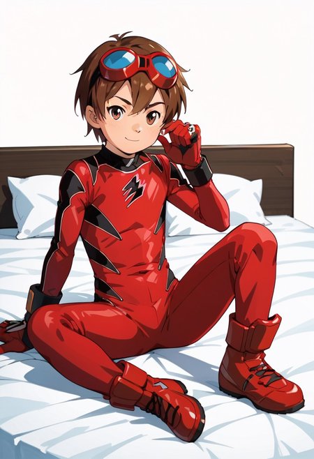 score_9, score_8_up, score_7_up, zPDXL2, 
1boy, solo, goggles on head, brown hair, 
,sitting on bed,
geki red, red bodysuit, black markings,   red gloves, red boots,
