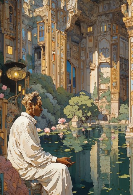 The african priestess in white robes sits in front of the temple pool, lotus flowers on the water, lamps on the walls, art nouveau line work,  ambient lighting,  complementary colours, painterly,