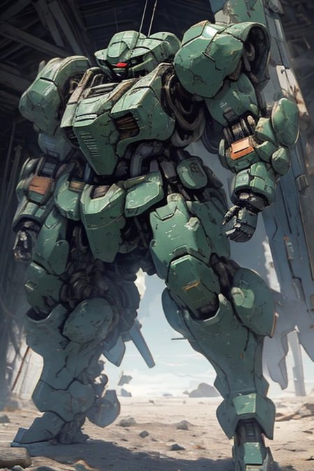 edge quality, perspective silhouette, 8k, best quality, masterpiece, extremely detailed, rule of thirds, photorealistic, superb, HDR, high resolution, sharp focus, photorealistic rendering, extremely detailed description, professional, gorgeous and intricate detail,
Mecha, mech, solo focus, Zeon, zaku, retro, industrial design:0.5, robot, one-eyed, science_fiction, glowing eye, green, green armor, tan armor, spikes on shoulder, weapon, ((holding weapon, holding gun)), rounded armor plates, rounded head, 
full body, subject in frame