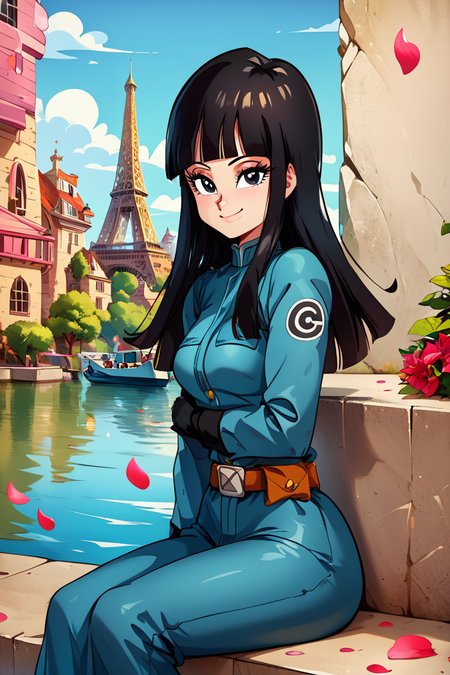 score_9, score_8_up, score_8, medium breasts, (curvy), cute, eyelashes,       ,,, , ,,, zzMai, long hair, black hair, black eyes, blunt bangs,  military uniform, belt, <lora:FutureMai_DragonBall_PDXL:1.0>,  ,,,, BREAK, zzEiffelTower in background, sitting, watercraft, boat, sitting on wall, side view, looking at viewer, smile, ,,, BREAK, blooming stars, luminescent petals, otherworldly fragrance blurry background, ,,, embedding:zPDXL, Expressiveh, ,,, <lora:EiffelTowerPDXL:0.8>, <lora:CatalystStylePDXL:0.6>, <lora:SDXLFaeTastic2400:0.5>, <lora:Expressive_H-000001:0.4>,