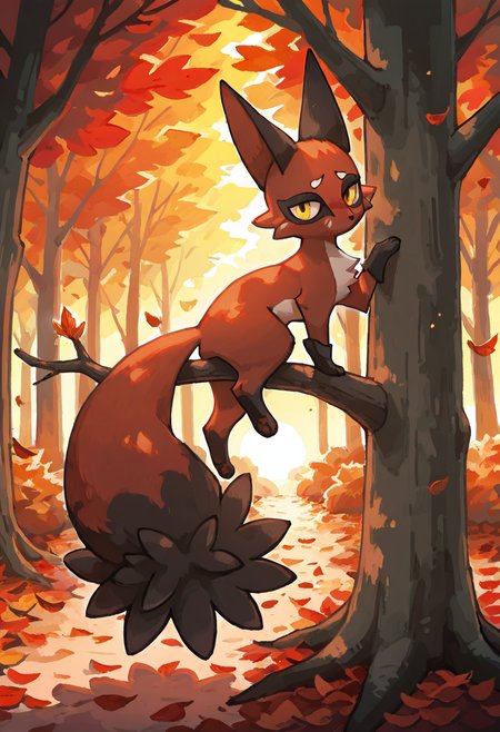 masterpiece, best quality, looking at viewer,      zzNickit,  autumn forest, carpet of fallen leaves, glowing sunset through branches, perched on tree root, head tilted, paw raised mid-step, gentle breeze â Bathed in the warm hues of a forest sunset, zzNickit perches atop a massive tree root, one paw lifted as if caught in motion. Golden leaves swirl gently around it, stirred by the breeze. The trees stretch long shadows across the forest floor, and the silence is broken only by the soft rustling of branches.   ,<lora:NickitPokedex_IXL_v1:1.0>,