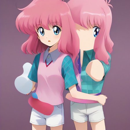Nakajima Noriko, pink hair with bangs, blue eye, wearing a pink vest over a blue-green checkered shirt, white shorts,,