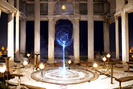 highly insanely detailed, masterpiece, top quality, best quality, highres, 4k, 8k, RAW photo, (very aesthetic, beautiful and aesthetic),  
Ancient Roman Interior Design,RomInt,pool,fireplace,warm_light,candlelight_ambience, 
<lora:RomanInterior-10:1>, 
(1girl:1.3), 
1other, 
, 
, 
, 
Witch's Workshop,alchemy_lab,flasks,beakers,ornate crystalline containers,strange artifacts,herbs and incense,ancient books,ancient texts,open spellbooks,bubbling liquids,glowing liquids,(perfect magic circle,magical circle,fusion),transmutation circles,pentagram symbol,pentagram circles,pentagramcircleconcept,arcane symbols,magic portal,magic shield,pentagram circles,pentagram symbol,pentagramcircleconcept,fireflies,various magical instruments,bat wings,mandrake roots,magical_ingredients,unicorn horns,rare herbs,mystical_herbs,dragon scales,phoenix feathers,troll teeth,grand stone witches_fireplace,electric blue background, 
,âââ