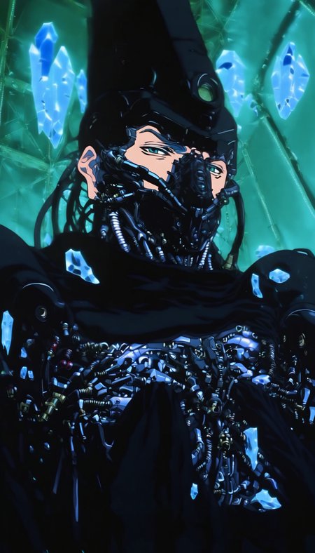 1boy, solo, male focus, science fiction, mask, black hair, cyberpunk, helmet, cable, looking at viewer, upper body, crystal, cyborg, gas mask