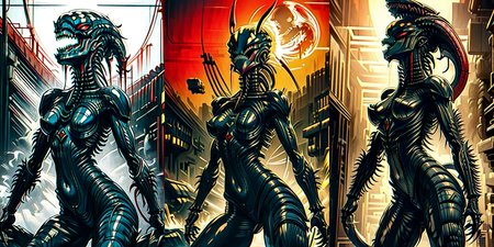 (otherworldly), highly insanely detailed, masterpiece, top quality, best quality, highres, 4k, 8k, RAW photo, (very aesthetic, beautiful and aesthetic), 
__lazy-wildcards/cosplay-char/alien-predator/xenomorph/prompts__, 
<lora:FemXeno:0.6>, 
(1girl:1.3), eyes focus, 
__lazy-wildcards/dataset/background__,âââ