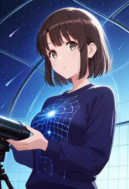 masterpiece, best quality, 1girl,Megumi <lora:IL-KatoMegumi:0.8>,brown hair,katou megumi,brown eyes,medium breasts, short hair, ,medium breasts,  looking at viewer, masterpiece, best quality, astronomer outfit, star chart sweater, telescope nearby, observatory dome background, star-filled night sky, planetary models, control panels, star maps, looking through telescope, curious scientific expression, constellations visible, holographic displays, meteor shower, astronomical equipment, blue nighttime lighting, technical atmosphere, glass dome ceiling, wide angle perspective