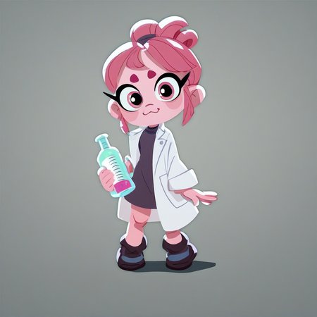 score_9, score_8_up, score_7_up, score_6_up, score_5_up, score_4_up, Poochie Science Style, 1girl, cute, girl, short stack, lab coat, black shoes, flat art, 2d art
