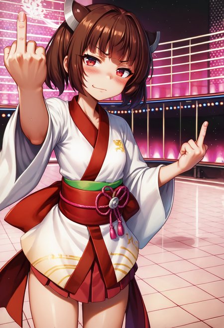 score_9, score_8_up, score_7_up, source_anime, BREAK
 <lora:TouhokuKiritanMMD_PONY_V1:1>touhoku kiritan, brown hair, short hair, short twintails, red eyes, small breasts, headgear,
white kimono, gradient kimono, red obi, pink sash, ribbon, long, sleeves, wide sleeves, pleated skirt,  
from front,, look at viewer,, Portrait,,Punching,
1girl, solo, audience, facing viewer, 
blush,Middle finger up, double Middle finger,