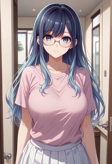 safe_pos, score_9, score_8_up, score_7_up, (masterpiece, detailed:1.2), (best quality:1.2), (High Resolution), (More Details), (8K), (High Resolution), female focus, sharp focus, newest, ultra-detailed, 1girl, solo, mature woman, milf, akane kurokawa, long hair, bangs, large breasts, blue eyes, high gradient eyes, black hair, blue hair, multicolored hair, gradient hair, Glasses, Megane, face, shirt, pink t-shirt, pleated skirt, white skirt, upper body, various expressions, various poses, front view, door, opening door, house, 