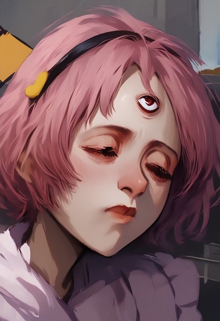 <lora:disco_elysium_v1_pruned:1>, thick outlines, <lora:komeiji_satori_image6571_2023-12-17-000006:1>, painting, painting_\(medium\), painterly, faux traditional media, portrait, artistic, standing in front of window, (mosaic window in background:1.5), side view, facing right, looking ahead, high window, 1girl, solo, touhou, satori, komeiji satori, thin lips, pink hair, short hair, heavy bags under eyes, closed eyes, (eyes closed:1.5), head lowered, black hairband, heart hair ornament,
upper_body, frilled_shirt_collar, long_sleeves, looking at someone, (third eye:1.5), third eye floating, third eye open, bloodshot third eye, third eye staring,
frown, sad mouth,